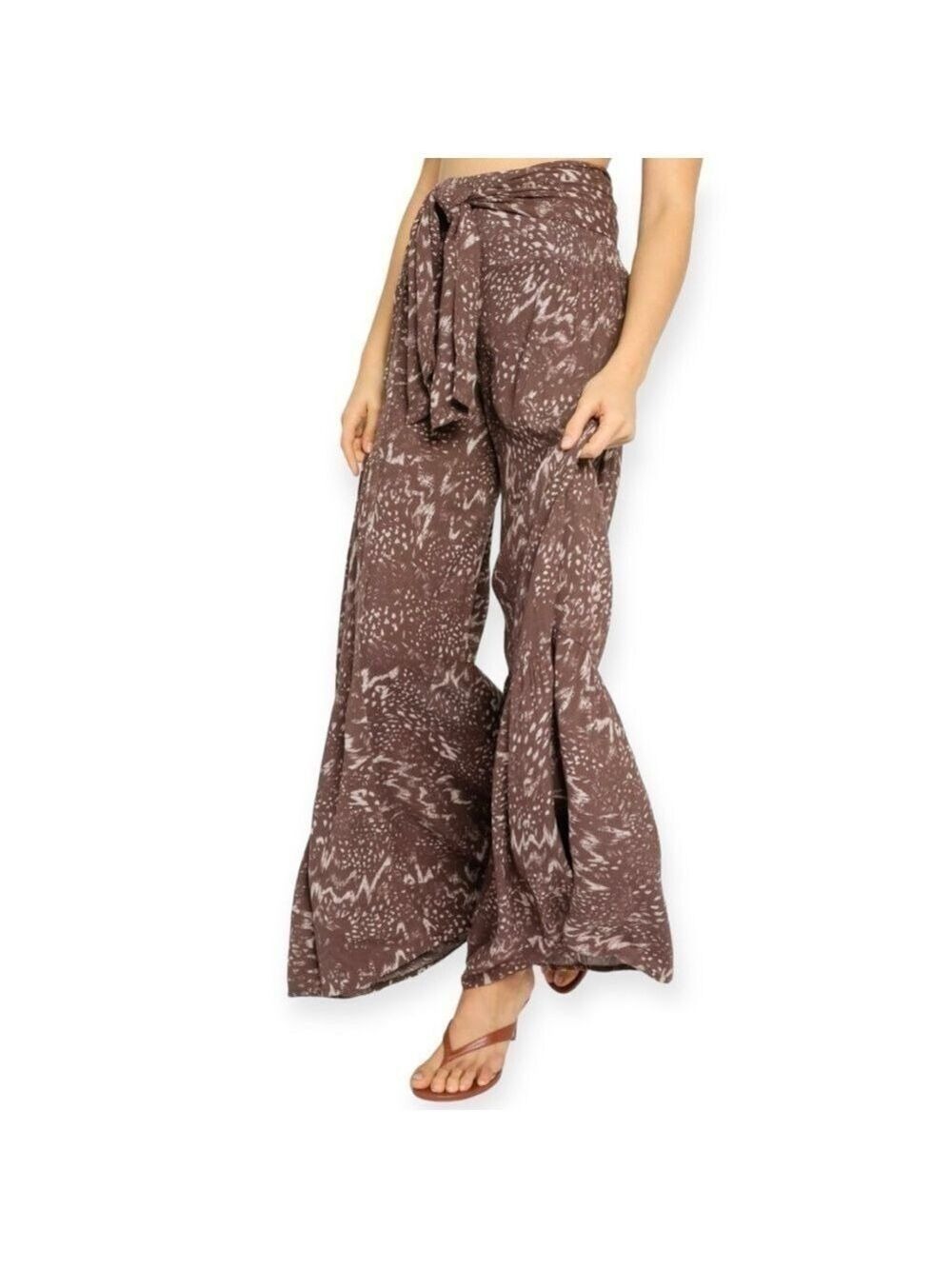 Olivaceous Womens Pants Small Wide Leg Rayon Elastic Waist Pull On Brown Boho
